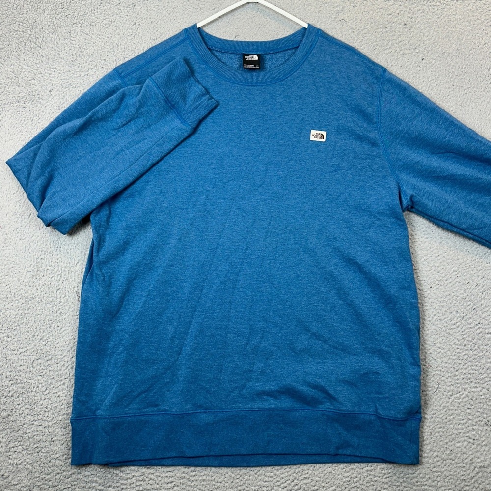 The North Face Sweatshirt Men 2XL Crew Neck Blue Heather Logo Patch Pullover EUC